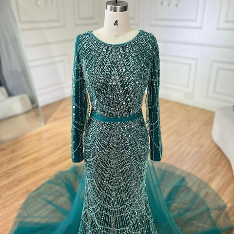 2025 Muslim Women Wedding Party Dubai Gowns green Overskirt Luxury Beaded Mermaid Long Evening Dresses LA72032D