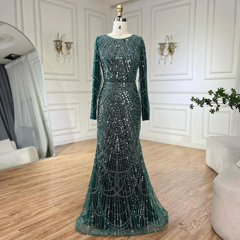 2025 Muslim Women Wedding Party Dubai Gowns green Overskirt Luxury Beaded Mermaid Long Evening Dresses LA72032D