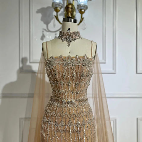 2025 Nude Beaded Spaghetti Strap Design Mermaid Evening Dresses Gowns with Long Cape for Formal Occasion LA72711