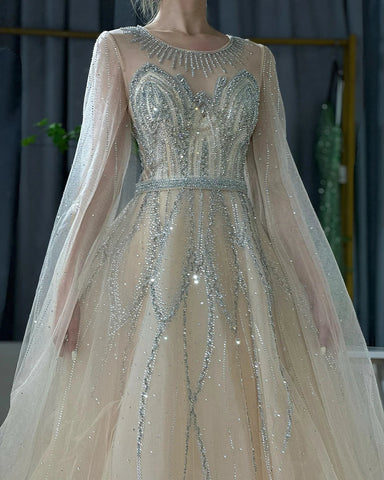 2025 Nude Blue Elegant A-Line Beaded Long Arabic Evening Dresses Gowns with Cape Sleeves for Formal Occasion LA72785