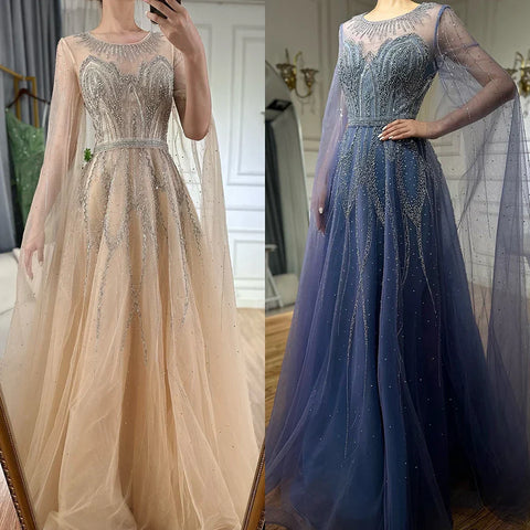 2025 Nude Blue Elegant A-Line Beaded Long Arabic Evening Dresses Gowns with Cape Sleeves for Formal Occasion LA72785