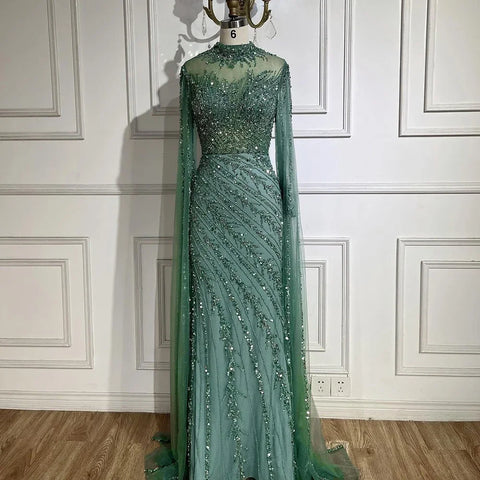 Vestidos de noche de sirena de lujo en color negro nude con mangas tipo capa LA71885A 