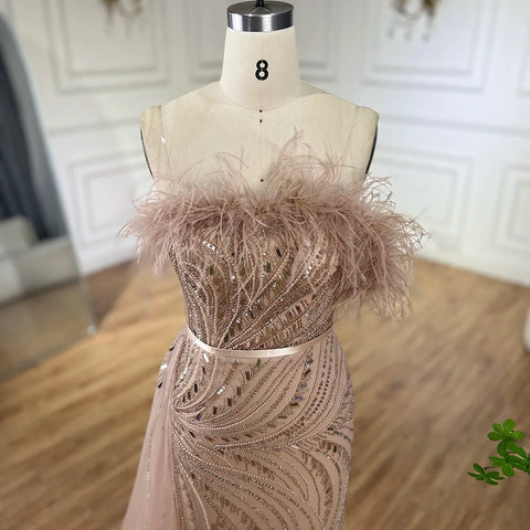 2025 Nude Mermaid Gown Strapless Overskirt Feather Beading High Split Evening Dress for Women Parties LA72311