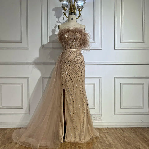 2025 Nude Mermaid Gown Strapless Overskirt Feather Beading High Split Evening Dress for Women Parties LA72311