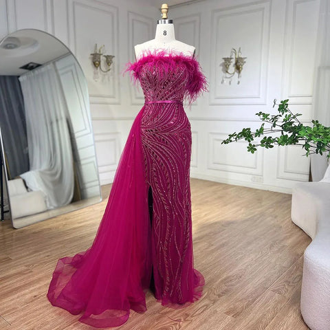2025 Nude Mermaid Gown Strapless Overskirt Feather Beading High Split Evening Dress for Women Parties LA72311
