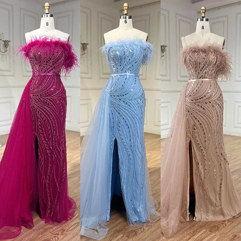 2025 Nude Mermaid Gown Strapless Overskirt Feather Beading High Split Evening Dress for Women Parties LA72311