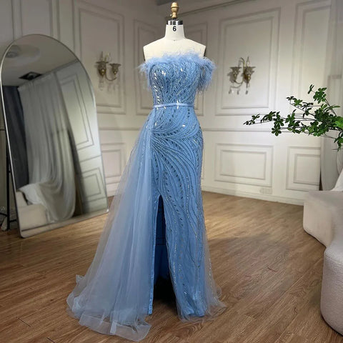 2025 Nude Mermaid Gown Strapless Overskirt Feather Beading High Split Evening Dress for Women Parties LA72311