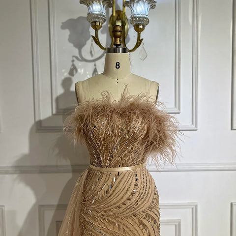 2025 Nude Mermaid Gown Strapless Overskirt Feather Beading High Split Evening Dress for Women Parties LA72311