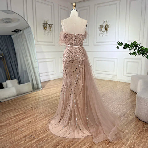 2025 Nude Mermaid Gown Strapless Overskirt Feather Beading High Split Evening Dress for Women Parties LA72311