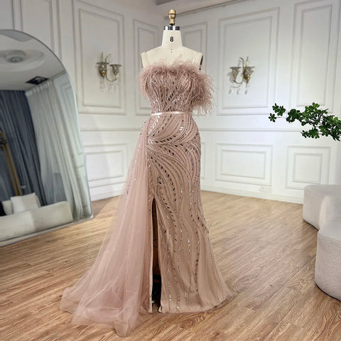 2025 Nude Mermaid Gown Strapless Overskirt Feather Beading High Split Evening Dress for Women Parties LA72311