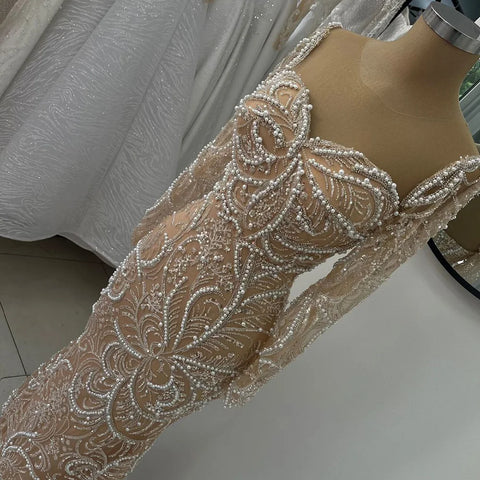 2025 Nude Mermaid Luxury Pearls Beaded Arabic Evening Gowns for Formal Occasion Dress LA72648