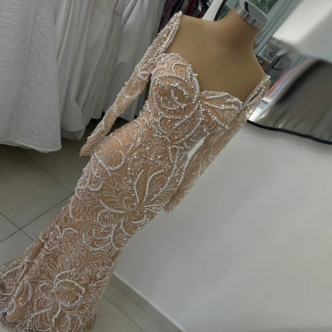 2025 Nude Mermaid Luxury Pearls Beaded Arabic Evening Gowns for Formal Occasion Dress LA72648