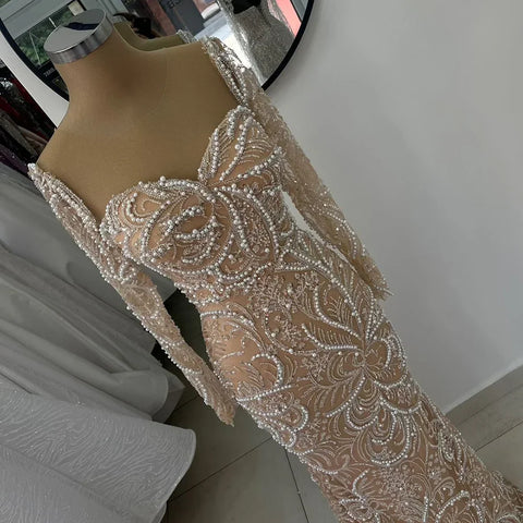 2025 Nude Mermaid Luxury Pearls Beaded Arabic Evening Gowns for Formal Occasion Dress LA72648