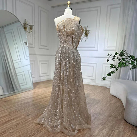 2025 Nude One Shoulder Split Beaded Dubai Luxury Mermaid Evening Dresses Gowns for Women Wedding Party LA72385
