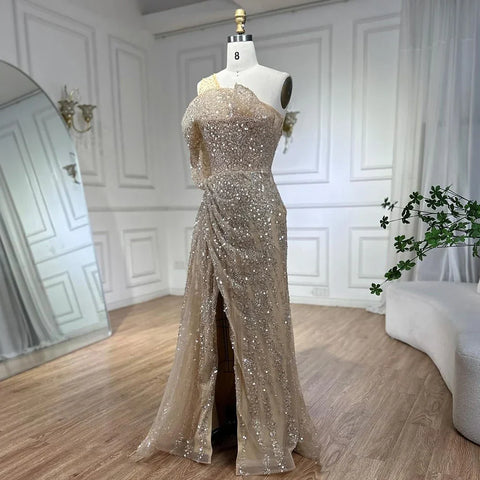 2025 Nude One Shoulder Split Beaded Dubai Luxury Mermaid Evening Dresses Gowns for Women Wedding Party LA72385