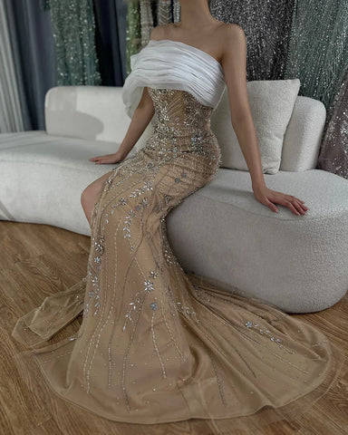 2025 Nude One Shoulder Split Saudi Arabic Evening Gown Beaded Dress for Formal Occasion LA72746