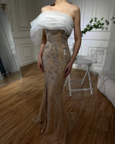2025 Nude One Shoulder Split Saudi Arabic Evening Gown Beaded Dress for Formal Occasion LA72746