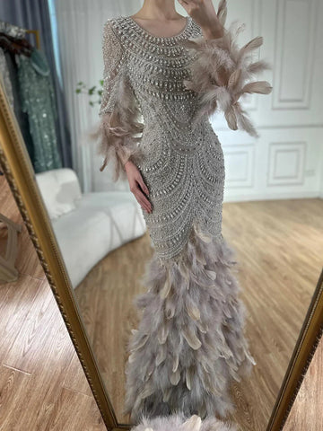2025 Nude Saudi Arabic Evening Gown with Beaded Feathers Dress for Formal Occasion LA72736