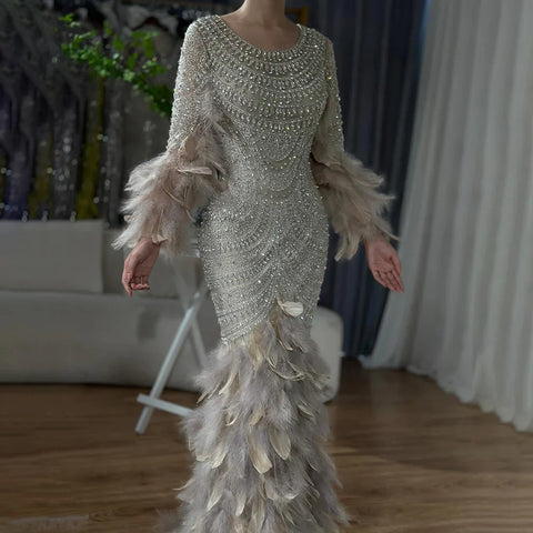 2025 Nude Saudi Arabic Evening Gown with Beaded Feathers Dress for Formal Occasion LA72736