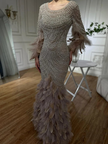 2025 Nude Saudi Arabic Evening Gown with Beaded Feathers Dress for Formal Occasion LA72736