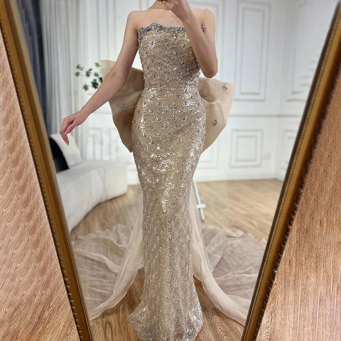 2025 Nude Saudi Arabic Strapless Evening Gown with Beaded Tassel Dress for Formal Occasion LA72730