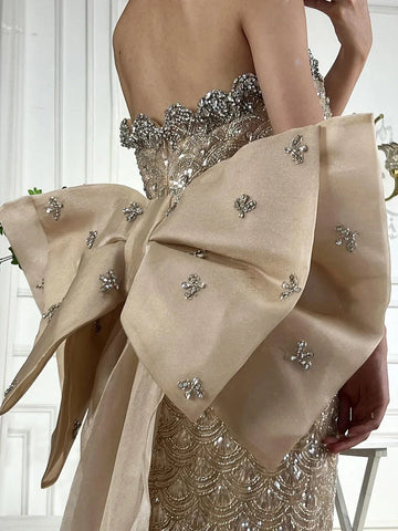 2025 Nude Saudi Arabic Strapless Evening Gown with Beaded Tassel Dress for Formal Occasion LA72730