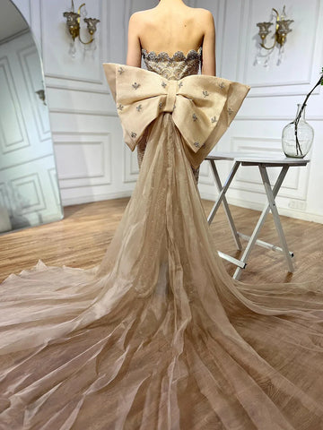 2025 Nude Saudi Arabic Strapless Evening Gown with Beaded Tassel Dress for Formal Occasion LA72730