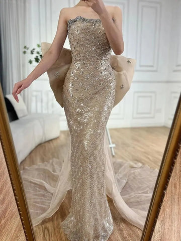 2025 Nude Saudi Arabic Strapless Evening Gown with Beaded Tassel Dress for Formal Occasion LA72730