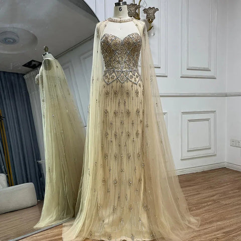 2025 Nude Saudi Evening Gown Mermaid Detachable Cape Sleeves Luxury Beaded Dress for Formal Occasion LA72716