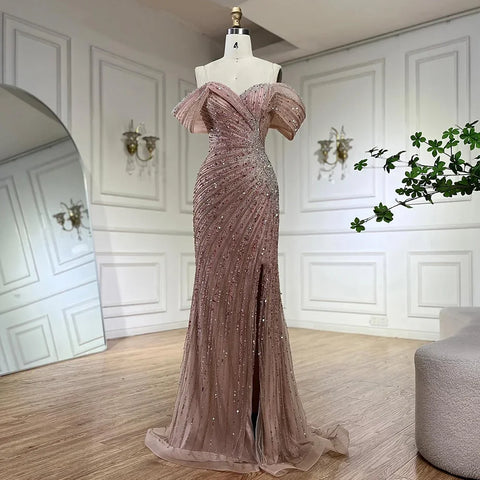 2025 Off The Shoulder Pink Mermaid Beaded Luxury Evening Dress with Side Split for Formal Occasion Saudi LA72481