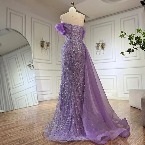 2025 One-Shoulder Purple Mermaid Beaded Evening Dress with Side Skirt Overlay for Formal Occasion Saudi LA72706