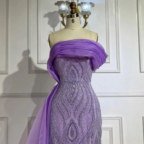 2025 One-Shoulder Purple Mermaid Beaded Evening Dress with Side Skirt Overlay for Formal Occasion Saudi LA72706