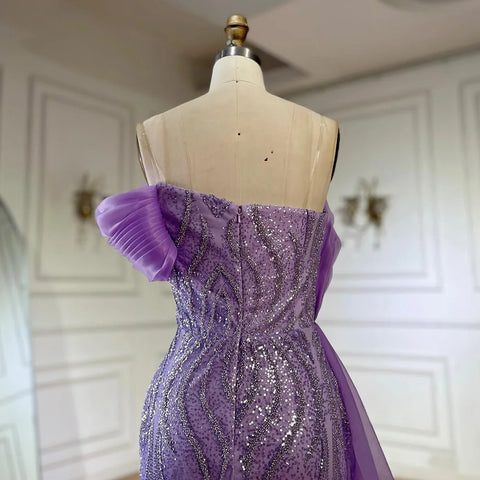 2025 One-Shoulder Purple Mermaid Beaded Evening Dress with Side Skirt Overlay for Formal Occasion Saudi LA72706