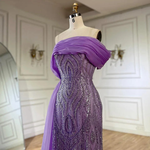 2025 One-Shoulder Purple Mermaid Beaded Evening Dress with Side Skirt Overlay for Formal Occasion Saudi LA72706