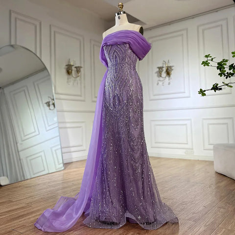 2025 One-Shoulder Purple Mermaid Beaded Evening Dress with Side Skirt Overlay for Formal Occasion Saudi LA72706