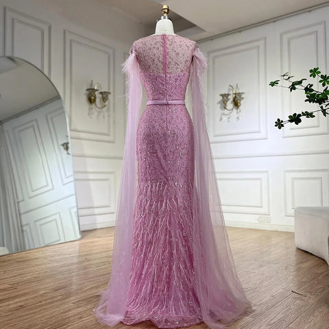 2025 Pink Cape Sleeves Dubai Evening Gown Mermaid with Side Skirt Feathers Beaded Dress for Women's Party LA72701
