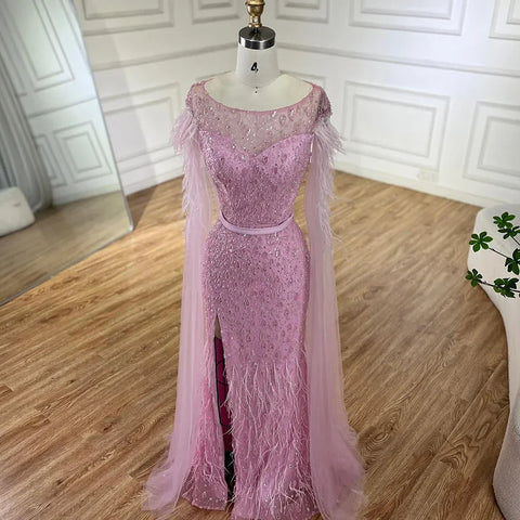 2025 Pink Cape Sleeves Dubai Evening Gown Mermaid with Side Skirt Feathers Beaded Dress for Women's Party LA72701