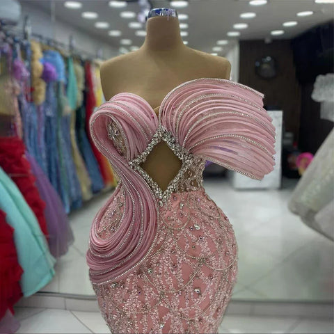 2025 Pink Mermaid Elegant One Shoulder Luxury Beaded Cut Out Evening Dresses Gowns for Women Wedding Party LA72455