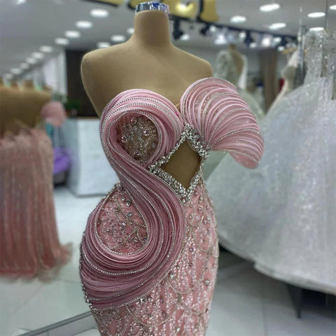 2025 Pink Mermaid Elegant One Shoulder Luxury Beaded Cut Out Evening Dresses Gowns for Women Wedding Party LA72455