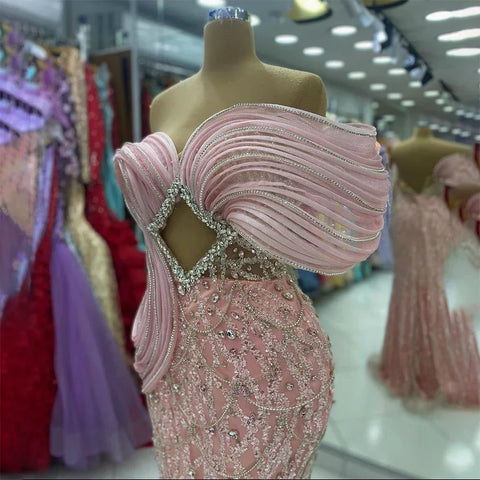 2025 Pink Mermaid Elegant One Shoulder Luxury Beaded Cut Out Evening Dresses Gowns for Women Wedding Party LA72455