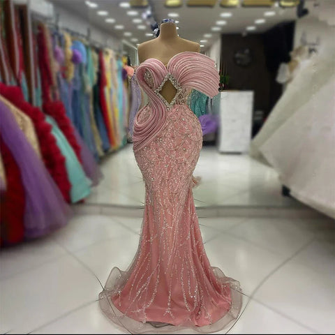 2025 Pink Mermaid Elegant One Shoulder Luxury Beaded Cut Out Evening Dresses Gowns for Women Wedding Party LA72455