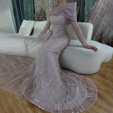 2025 Pink Mermaid Luxury Beaded Pearls Evening Dress with Overskirt Gown for Formal Occasion LA72348A