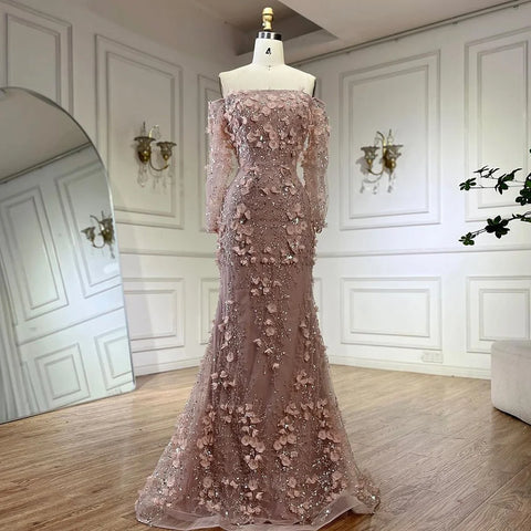 Elegant 3D Flowers Pink Luxury Dubai Evening Dress with Overskirt LA72641