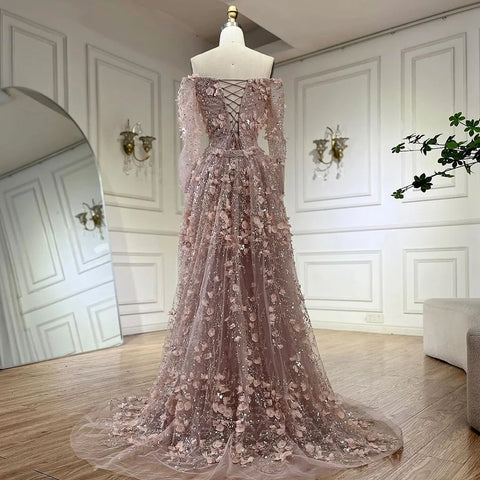 Elegant 3D Flowers Pink Luxury Dubai Evening Dress with Overskirt LA72641