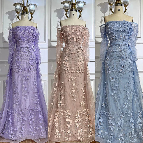 Elegant 3D Flowers Pink Luxury Dubai Evening Dress with Overskirt LA72641