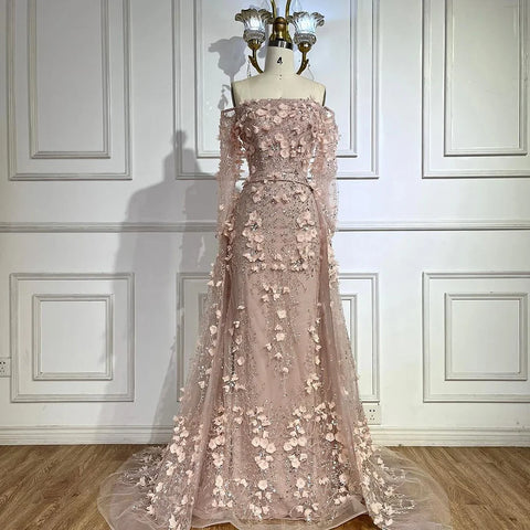 Elegant 3D Flowers Pink Luxury Dubai Evening Dress with Overskirt LA72641