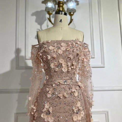 Elegant 3D Flowers Pink Luxury Dubai Evening Dress with Overskirt LA72641