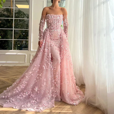 Elegant 3D Flowers Pink Luxury Dubai Evening Dress with Overskirt LA72641