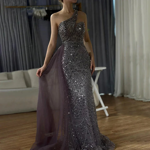 2025 Purple One Shoulder Saudi Arabic Evening Gown with Beaded Side Overskirt Dress for Formal Occasion LA72735