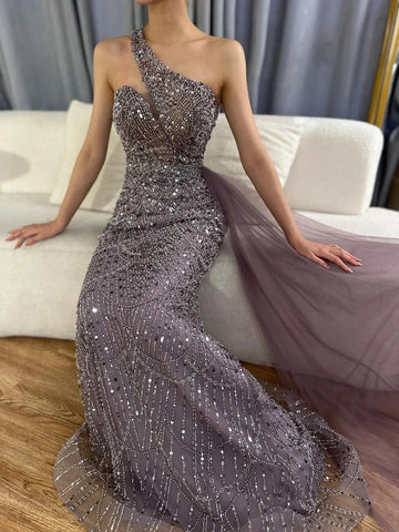 2025 Purple One Shoulder Saudi Arabic Evening Gown with Beaded Side Overskirt Dress for Formal Occasion LA72735
